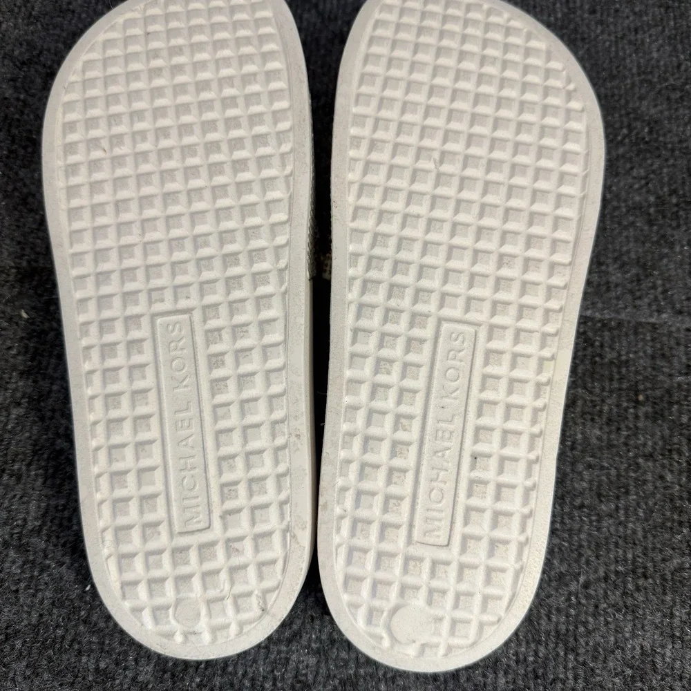 Michael Kors Slide Sandals White Gold Rhinestone Logo Pool Beach Women's
